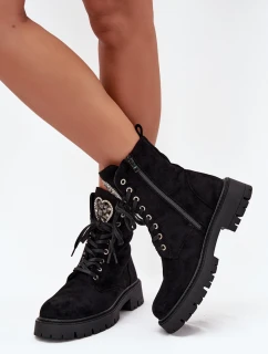 Botki Workery Z Biżuteryjną Ozdobą Ocieplane Eko Zamszowe Czarne Miryssa