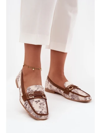 Wzorzyste Mokasyny Loafersy Damskie Z Ozdobnym Elementem Beżowo-Brązowe Evelora
