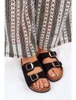 Klapki Damskie Na Korkowej Platformie Ze Złotymi Klamrami Czarne Lisavionea