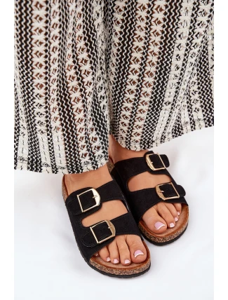 Klapki Damskie Na Korkowej Platformie Ze Złotymi Klamrami Czarne Lisavionea