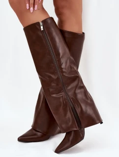 Ocieplane Kozaki Na Szpilce Z Wywiniętą Cholewką Czekoladowe Tamonia