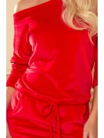 Červené dámske velúrové športové šaty so zaväzovaním a kapsičkami 13-135