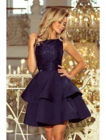 Tmavo modré dámske dvojito rozšírené šaty s čipkovou vrchnou časťou model 6408775