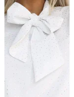 578-2 Wyjątkowa biznesowa bluzka z długim rękawkiem, wiązaniem i guzikami - biała w srebrny wzór