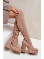 Kozaki Z Cholewką Za Kolano Na Słupku I Platformie Beżowe Nadelian