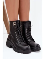 Botki Workery Damskie Na Klocku Ocieplane Z Literą F Czarne Lurina