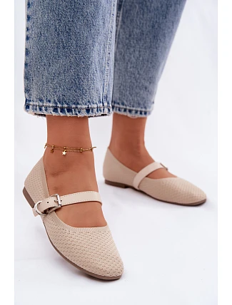 Materiálové Baleríny s Páskem a Přezkou Béžové Jelisa