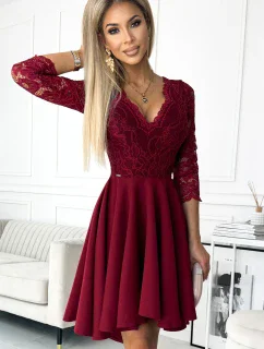 210-15 NICOLLE šaty s dlhším zadným dielom a výstrihom - bordové