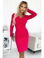 398-4 Elegantné bavlnené šaty s obálkovým výstrihom a dlhými rukávmi - FUXY