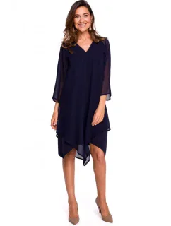 S159 Šifónové šaty s asymetrickým lemom - tmavo modré