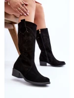Zazoo 4043 Zamszowe Kozaki Na Niskim Obcasie Ażurowe Czarne
