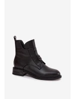 Ocieplane Skórzane Botki Damskie Z Ozdobnym Detalem Czarne Briselda