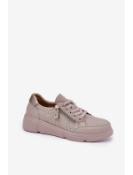 Skórzane Buty Sportowe Sneakersy Na Platformie Z Zamkiem Vinceza 88019 Ciemnobeżowe