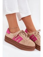 Sneakersy Damskie Na Platformie Z Naturalnego Zamszu Beżowo-Różowe Eldira