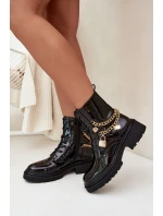 Lakierowane Botki Workery Damskie Ze Złotym Łańcuchem Ocieplane Czarne Sarinae