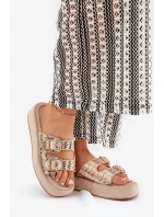 Klapki Damskie Na Platformie Z Klamrami I Plecionką Khaki Limme