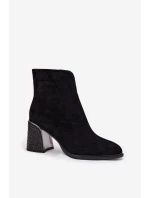 Zamszowe Botki Damskie Na Słupku Z Tłoczeniem Ocieplane Vinceza 66801 Czarne