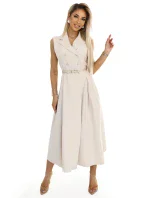 596-1 Elegantná midi košeľa so zlatými gombíkmi a opaskom - BEACH