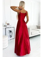 299-14 CHIARA elegantné dlhé saténové maxi šaty bez ramienok - ČERVENÉ 299-14 CHIARA elegantné dlhé saténové maxi šaty bez ramienok - ČERVENÉ