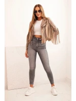 Dámska bunda z ekokože so strapcami v štýle boho fango