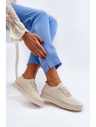 Skórzane Sportowe Buty Trampki Damskie Beżowe Lalnai