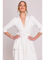 S404 Pletené šaty s opaskom na zaväzovanie - ecru