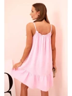 Dámske mušelínové šaty s ramienkami a volánom candy pink