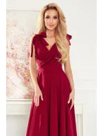 ELENA - Dlhé dámske šaty vo vínovej bordovej farbe s výstrihom a zaväzovaním na ramenách 405-1