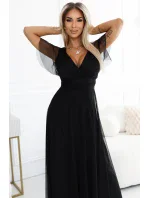 562-3 NASTIA Dlhé šaty s výstrihom a krátkymi rukávmi - BLACK