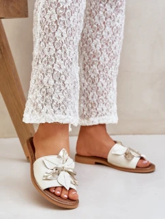 Klapki Z Ozdobą Skóra Naturalna Zazoo 3667 Białe