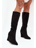 Ocieplane Kozaki Damskie Na Koturnie Czarne Rosina