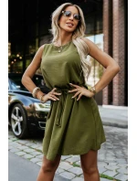 296-14 VICTORIA Trapézové šaty bez rukávov so zaväzovaním v páse - khaki
