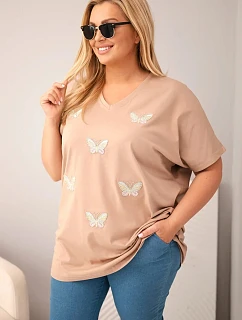 Dámske bavlnené Plus veľkosť blúzka s motýlikmi Camel