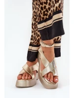 Sandały Damskie Na Platformie I Koturnie Eko Skórzane Złote Tenzorus