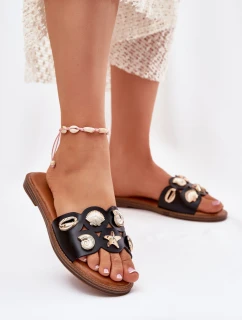 Klapki Damskie Na Płaskim Obcasie Ze Złotymi Przypinkami Czarne Nalothiel