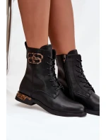 Skórzane Botki Damskie Na Płaskim Obcasie Z Ozdobą Ocieplane Artiker 57C1064 Czarne