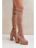 Kozaki Z Cholewką Za Kolano Na Słupku I Platformie Beżowe Nadelian