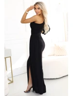 658-1 Trblietavé maxi šaty na jedno rameno s asymetrickými rukávmi a rozparkom - čierne