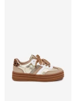 Sneakersy Damskie Na Platformie Z Podwójnym Sznurowaniem Panterka Złote Niteria