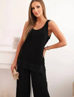 Dámska súprava z viskózy, top so širokými ramienkami a nohavice so širokým strihom čiernej farby