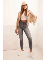 Dámska bunda z ekokože v boho štýle so strapcami svetlo ťavej farby