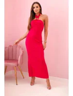 Dámske šaty bez ramienok s potlačou a fuchsiovou viazankou