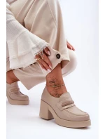 Skórzane Półbuty Na Słupku Z Ozdobą Beżowe Lemar Gelanor