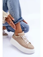 Damskie Buty Sportowe Skórzane na Platformie Beżowe Lemar 10150