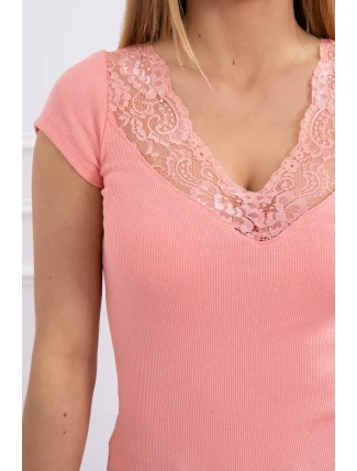 Blúzka s čipkovým výstrihom marhuľová