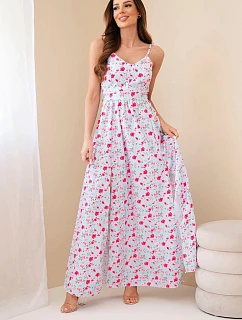 Dámske maxi šaty s kvetinovým vzorom na ramienkach so zaväzovaním na chrbte modré