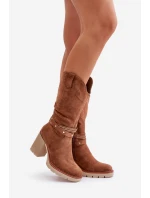 Kozaki Damskie Do Połowy Łydki Na Słupku Ocieplane Camel Ivanelis