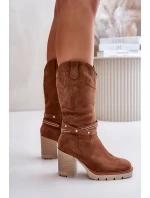 Kozaki Damskie Do Połowy Łydki Na Słupku Ocieplane Camel Ivanelis