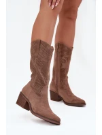 Ażurowe Kozaki Kowbojki Damskie Na Obcasie Ciemnobeżowe Olivette