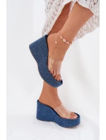 Klapki Damskie Na Koturnie Z Transparentnym Paskiem Jeansowe Zolretia